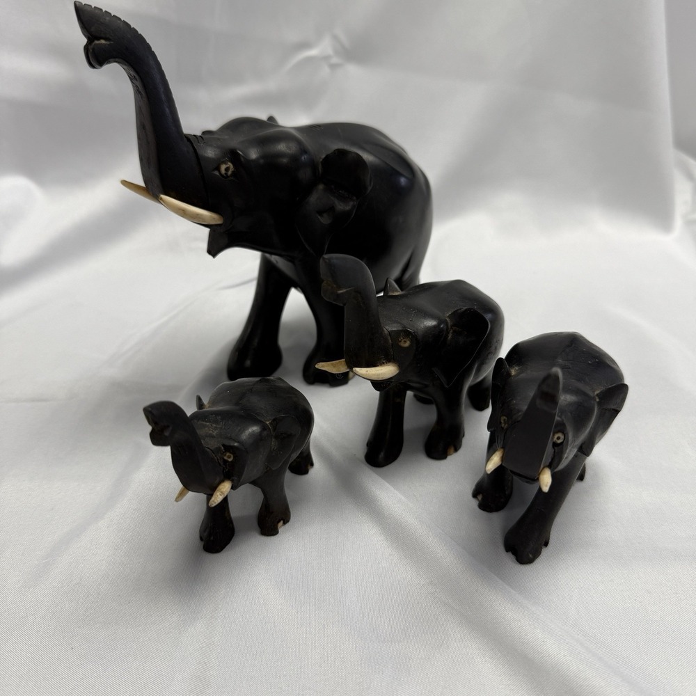 Vintage Ebony Wood Hand Carved Elephant Figurine made in Ceylon (Sri Lanka)‎